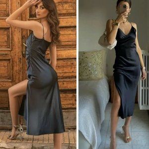 ZARA WOMAN BLACK SATIN EFFECT WRAP RUCHED WAIST CRISSCROSS SLIT MIDI MAXI DRESS